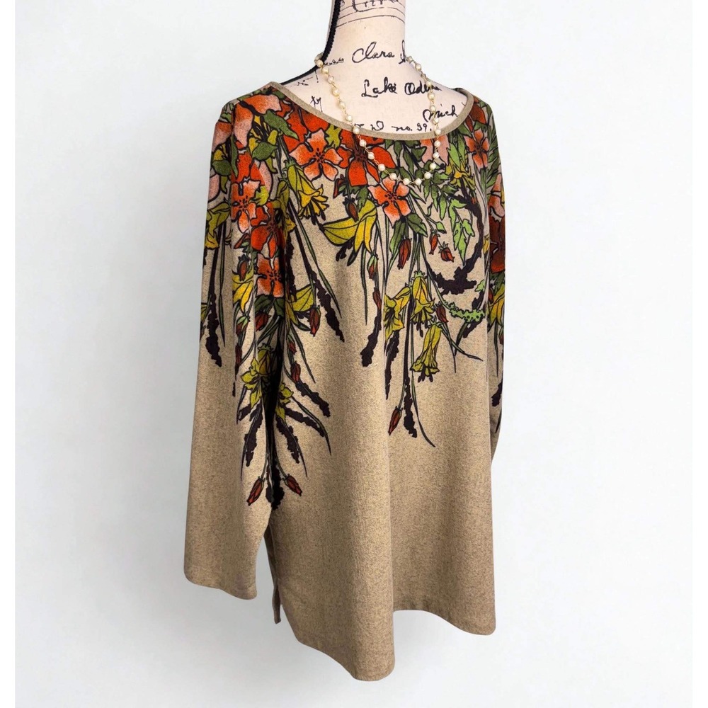 Simonton Says Floral Knit Pullover Top Green Longline Scoop Neck Layering Sz 2X